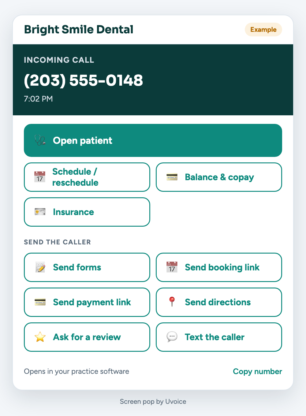 Example call window for a dental office with buttons to open the patient, schedule, check the balance and send forms or a booking link.